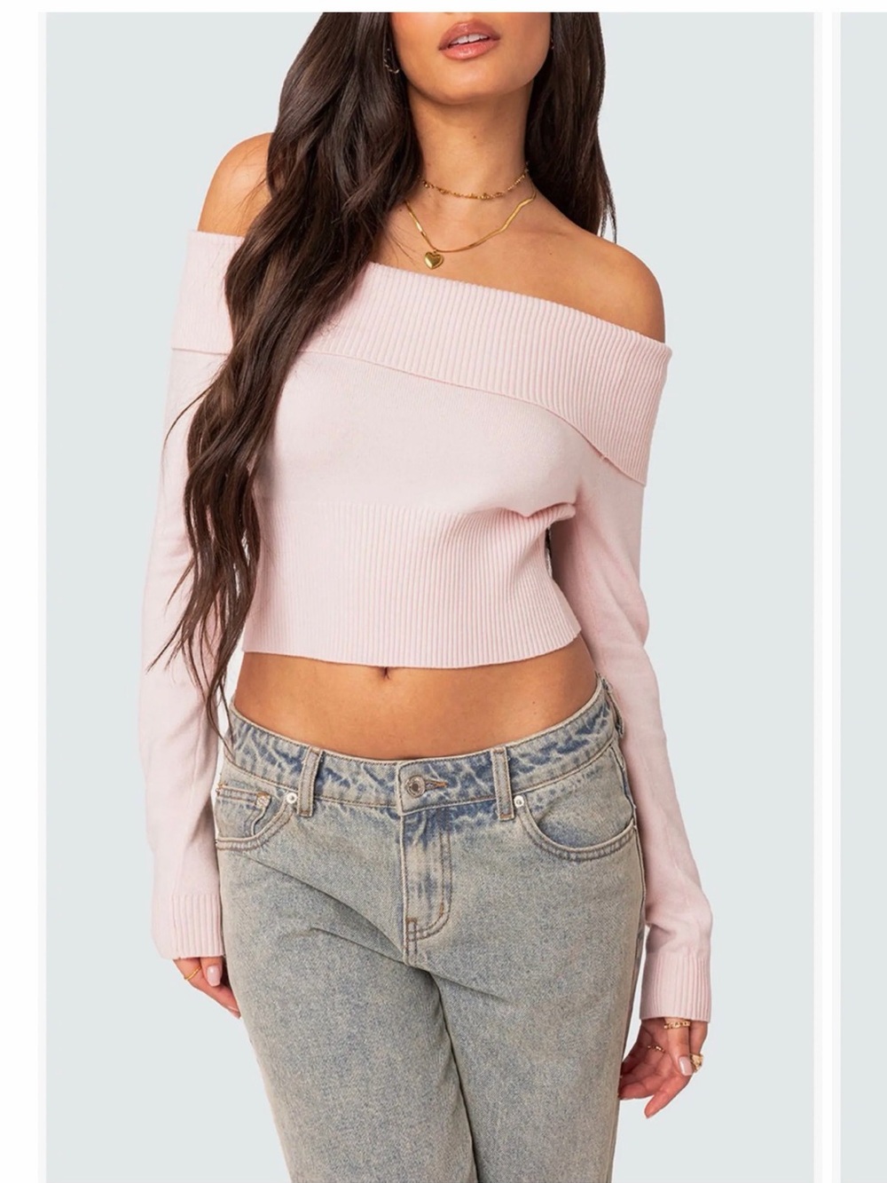 Edikted Minnie Foldover Knit Crop Top in light pink Size M